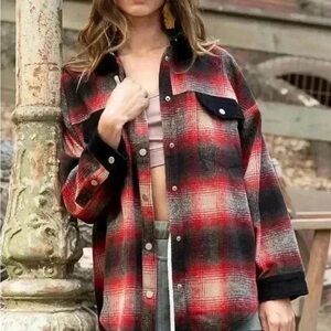 POL Wool Red Black Buffalo Plaid Cabincore Chore Jacket Women’s Large Shacket